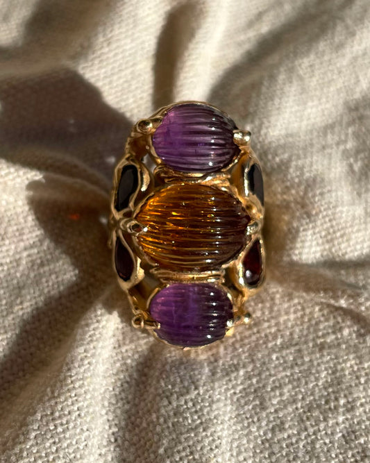anello candy con quarzo citrino e ametiste dalle forme uniche e irregolari